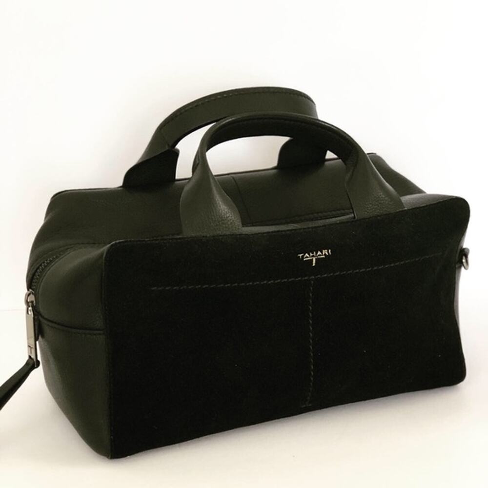 T Tahari Satchel Leather Boxy Black Suede Modern Handbag Purse